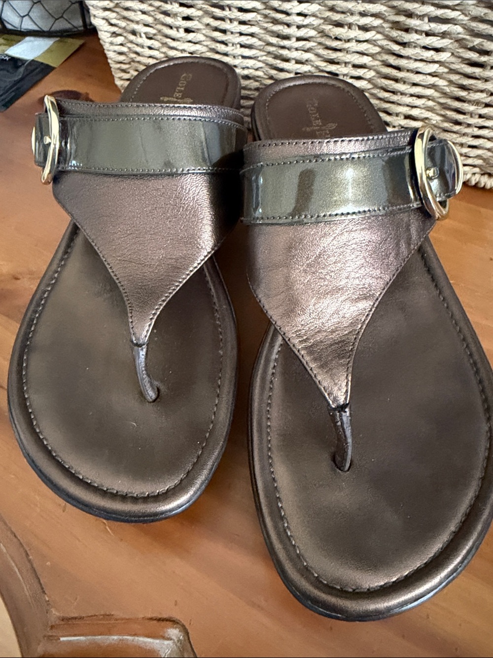 Cole Haan Metallic Brown Leather Thong Sandals with Buckle - Women